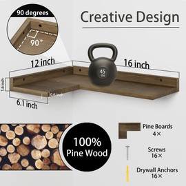 EOSTBE Floating Corner Shelves Set of 4, Rustic Pine Wooden Floating Corner Wall Shelf for Wall Décor Storage, L Shaped Corner Shelf Wall Mount For Bedroom, Living Room, Bathroom, Kitchen, Light Brown