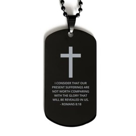 DARIN GIFT Bible Verse Black Dog Tag, Romans 8:18 Motivational Inspirational Quotes Gifts Cross Faith Engraved Stainless Steel Chain Necklace For Men Women Kids