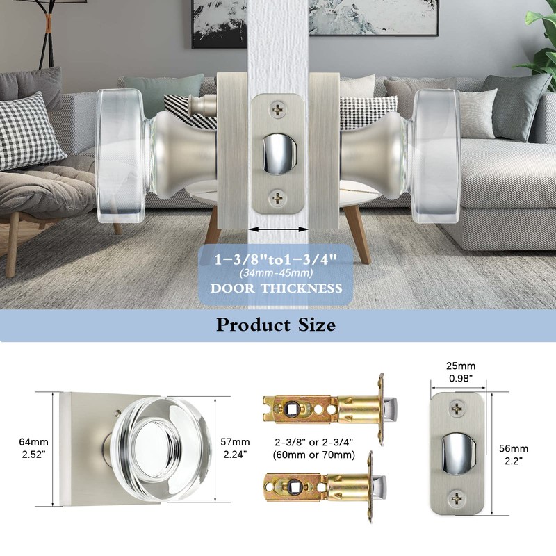 Coolnews Crystal Door Knobs with Lock, Satin Nickel Finish for