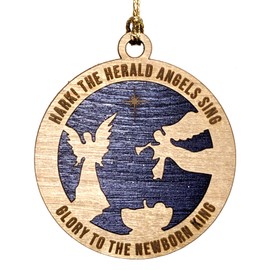Handmade Wooden Nativity Ornament - 3" Laser Cut Christmas Decoration with Angels and Manger Scene - "Hark! The Herald Angels Sing"