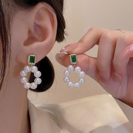 Zeshimb Pearl Beaded Drop Earrings Baroque Pearl Hoop Earrings Faux Pearl Green Emerald Stud Earrings Vintage Silver Pearl Dangle Earrings White Pearl Wedding Earrings Jewelry for Women Girls