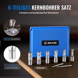 ZELCAN Core Drill Bit Set HSS with Weldon Shank (3/4 Inch) Cutting Depth 30 mm Includes 6 Core Drills 12, 14, 16, 18, 20, 22 mm and 2 Ejector Pins, 8-Piece
