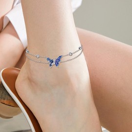 VONALA Butterfly Anklets Sterling Silver Dainty Adjustable Butterfly Layered Chain Ankle Foot Link Ankle Bracelets Beach Jewelry Gift for Women