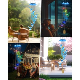 Hummingbird Solar Wind Chimes, Memorial Birthday Gifts for Women mom, Glowing Top Color Changing Hummingbirds Moblie LED Wind Chime for Outside, Outdoor Home Party Garden Decor Light(Blue)