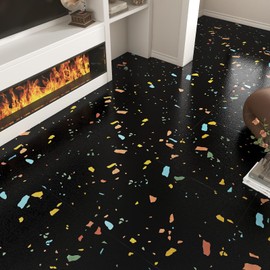 Wallderful 20 Pack Terrazzo Peel and Stick Floor Tile Waterproof Black Peel and Stick Tile Colorful Dark Marble Vinyl Flooring Roll Removable Boho Laminate Flooring for Kitchen Bathroom Garage Bedroom