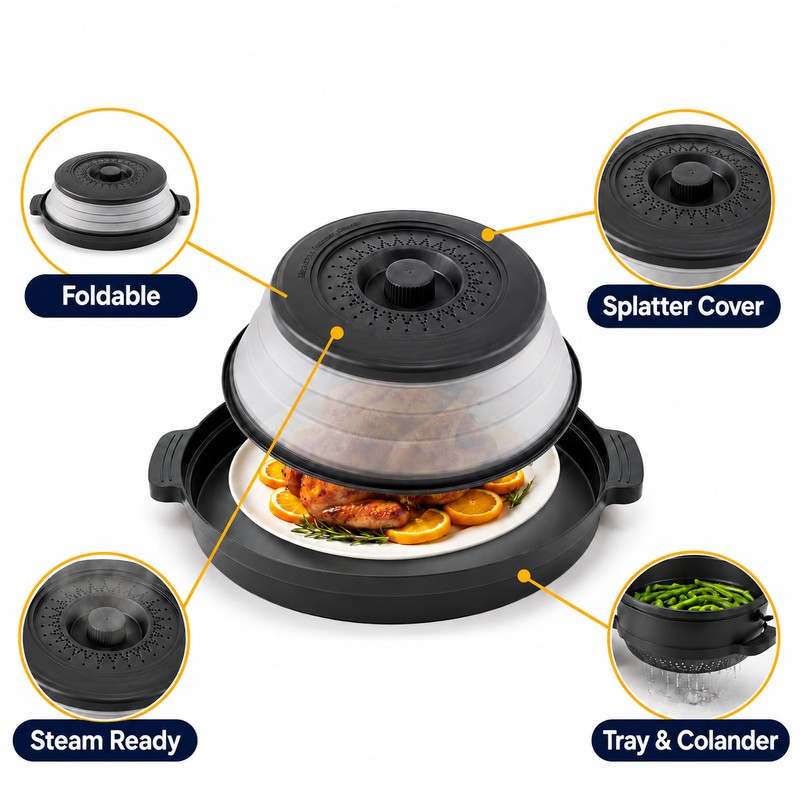 Collapsible Microwave Food Splatter Cover with Steam Vents – Foldable