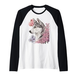 Watercolor Siberian Husky Cherry Blossom Dog Sakura Raglan Baseball Tee