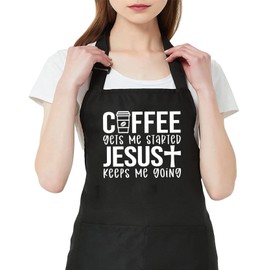 GXVUIS Coffee Gets Me Started Jesus Keeps Me Going Women Apron with 2 Pocket Waterproof Adjustable Bib Apron Christian Gift Black