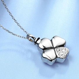 Quiges Stainless Steel Memorial Cremation Urn Pendant Ash Holder Clover Leaf for Cremation with Adjustable Necklace 46-52 cm, Crystal enamel Crystal, Cubic Zirconia