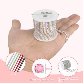 Fesorsi 6 Roll 33 Yards Rhinestone Chain Trim, Multicolor Crystal Rhinestones Close Chain for Craft Jewelry Wedding Bouquet DIY Decoration
