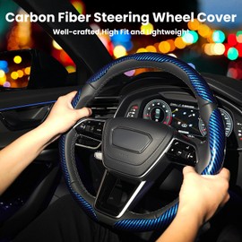 Hiseanllo Carbon Fiber Steering Wheel Cover 3PCS Set – Anti-Slip, Scratch-Resistant, Universal Fit for 14–16 Inch Wheels – Interior Car Accessories for Cars, SUVs, Trucks (Blue)