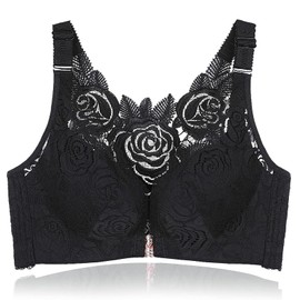 Giltpeak Floral Secrets Comfort Rose Bra, Front Closure Comfy no Wire Lace Bras, with Back Support Push up Plus Size(Black,40/C)