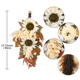 INSUNSIX 2PCS Artificia Fall Teardrop Swag 17.72" Autumn Swag Sunflowers Pumpkins Dahlias Berries Door Swag Hanging Flower Wreath for Thanksgiving Fall Front Door Window Wall Decor(A)