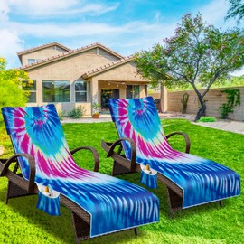 NISDOING Lounge Chair Towel Cover, (Pack of 2), Beach Chair Cover with Pockets, Pool Chair Covers for Outdoor Beach Furniture Sun Lounger, No Sliding, 85 X 30 in, Tiedye Blue Purple