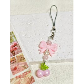 OTETTS Pink Cherry Phone Charms Cute Y2K Pearl Cell Phone Straps Aesthetic Bowknot Summer Pendant Accessories Camera Bag Sweet Decor