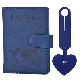 Passport Cover – RFID Blocking Navy Blue PU Leather Passport Holder with Heart Luggage Tag, Travel Case for Men & Women, Perfect for Family Holidays, Flights & Cruises