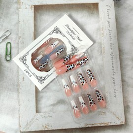 Leopard Print Press on Nails French Stick on Nails Long Coffin Fake Nails Pink White Design Cute Glue on Nails Gloss False Nails Full Cover Acrylic Nails Reusable Artificial Nails for Women Girl 24Pcs