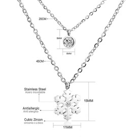 Cute Layered Snowflake Pendant Necklace For Women Stainless Steel Cubic Zirconia Simple Dainty Crystal Chain Choker Layer CZ Winter Flower Necklaces Silver Gold Plated Christmas Holiday Party Jewelry Gifts (Silver)