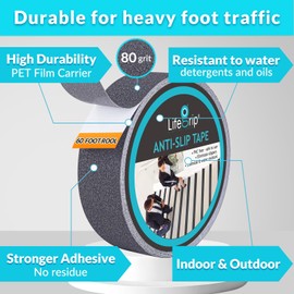 Lifegrip Anti Slip Traction Tape, 2 Inch x 60 Foot - Best Grip, Friction, Abrasive Adhesive for Stairs, Tread Step, Indoor, Outdoor, Grey (2" X 60')