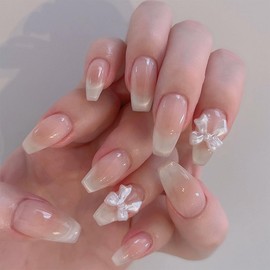 Ombre Pink French False Nails Medium Coffin, SXVME Cat Eye Glitter Press on Nails Short Cute 3D Bow Full Cover Fake Nails Sparkle Bling Gradient Acrylic Nails Press ons Stick on Nails for Women 24 Pcs