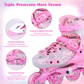 VEZLOPUS Inline Skates, Adjustable Children Inline Skates with Light up Wheels for Kids, Girls, Boys, Teens, Beginner & Advance | with Protective Gears and Carry Bag (Pink)
