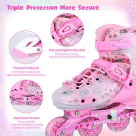VEZLOPUS Inline Skates, Adjustable Children Inline Skates with Light up Wheels for Kids, Girls, Boys, Teens, Beginner & Advance | with Protective Gears and Carry Bag (Pink)