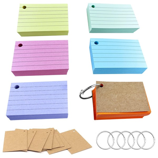 Gentpovth 600 pieces A8 lined index cards, neon coloured flashcards