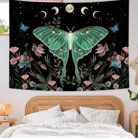 Drgilau Teal Luna Moth Tapestry Wall Hanging, Moon Phase Stars Cute Plants Butterfly Floral Botanical Nature Aesthetic Celestial Wall Tapestries for Bedroom Home Living Room Dorm