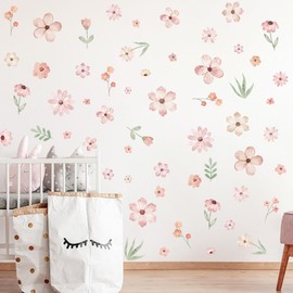 Calcomanías de pared de flores bohemias, arte de flores de acuarela rosa, calcomanías de pared de flores silvestres, calcomanías extraíbles para recámara de niñas, decoración de habitación de niños