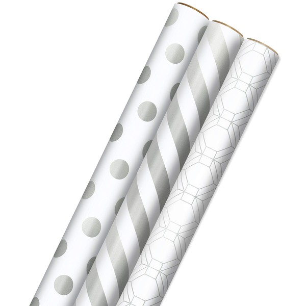 Hallmark Silver Wrapping Paper Roll Bundle with Cut Lines on Reverse (3-Pack: 105 sq. ft. ttl) for Valentines Day, Weddings, Bridal Showers, and Birthdays