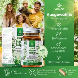 Vimion Vegan Skin Hair Nail Capsules with Biotin, Zinc, Selenium, B Vitamin Complex, L-Cysteine and Silicon from Bamboo, Horsetail and Millet - 30 Capsules as a Supply for 1 Month