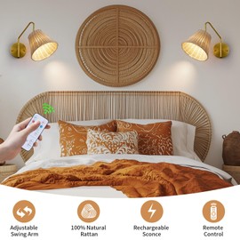 Boho Battery Operated Wall Sconce, 100% Natural Rattan Wall Sconces Set of Two Battery Operated, Adjustable Battery Wall Sconce, Remote Rechargeable Wall Sconce, Wirless Battery Sconces for Bedroom