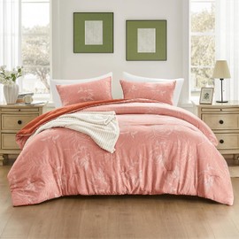 downluxe Queen Comforter Set - 3 Pieces Burnt Orange Bedding Comforter Sets, Queen Botanical Flower Comforter, 1 Soft Reversible Floral Comforter and 2 Pillow Shams for All Seasons