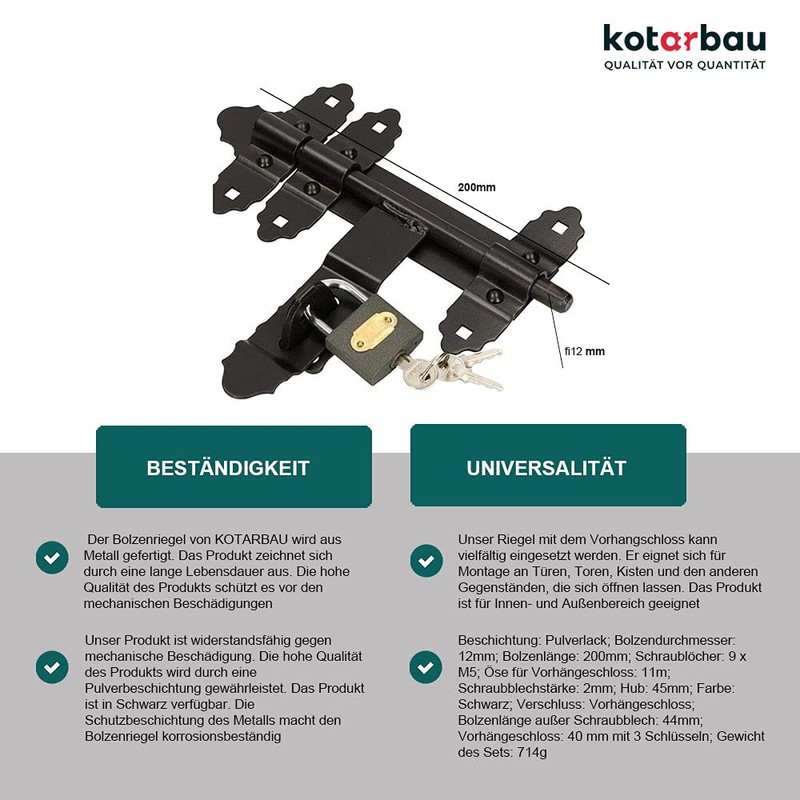 KOTARBAU® Gate Bolt 200 / 12 mm with Padlock Bolt