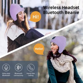 Bluetooth Beanie Hat Headphones Wireless Bluetooth Knit Earflap Beanie Built in Speaker Microphones Women Girls Fashionable, Purple