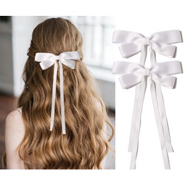 Furling Pompoms 2pcs Hair Ribbon Bows for Women,White Ribbons Clip for Girls,Hair Tassel Alligator Clip,Hair Ribbon Hair Bows,Pony-tail Bow Barrette Accessories