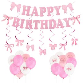 Pink Bow Birthday Decorations Set - Coquette Theme Party Supplies with Happy Birthday Banner Garland, Hanging Swirls, Bow Balloons for Women Pink Party Decorations Supplies