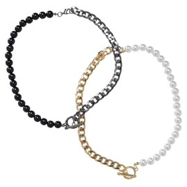 Urban Classics Unisex Half Pearl Exchangable Necklace 2-Pack One Size Gold/Gunmetal, Gold/Gunmetal