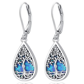 Tree of Life Earrings for Women Girls, Sterling Silver Teardrop Blue Opal Earrings Hypoallergenic Dangle Drop Earrings Jewelry Gifts for Women