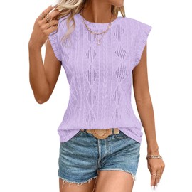 SHEWIN Summer Tops for Women 2025 Casual Crewneck Cap Sleeve Shirts Fashion Beach Vacation Clothes Date Outfits Purple Small