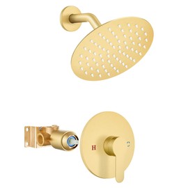 Airuida Single Function Shower Trim Kit Shower Faucet Set Wall Mount 8 Inch Round Rainfall Shower Head and Handle Set Single Handle Shower System Set with Female Threads Valve Brushed Gold