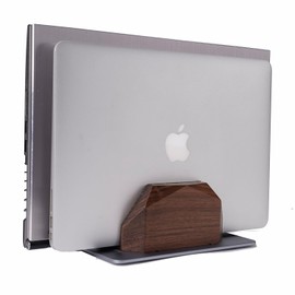 NIRVASH Walnut Wood Vertical Laptop Stand, Dual Slot Wooden Laptop Holder Vertical for Desk, Width Adjustable Dock Compatible with MacBook Pro and Universal Gaming Laptops
