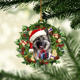 Talataca Norwegian Elkhound 2D Flat Christmas Ornament, Elkhound Noruego Wearing A Christmas Hat Wreath Pine Tree Decor, Hanging House Charm Eve Keepsake, Car Rear View Mirror Accessories, Xmas Gift