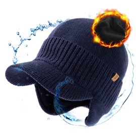 TOP-EX Waterproof 80% Merino Wool Peaked Beanie Hat Men with Earflaps Oversized Winter Hats with Brim Warm Fleece Lined for Big Heads Newsboy Baker Boy Cap for Golf Running Navy Blue L/XL