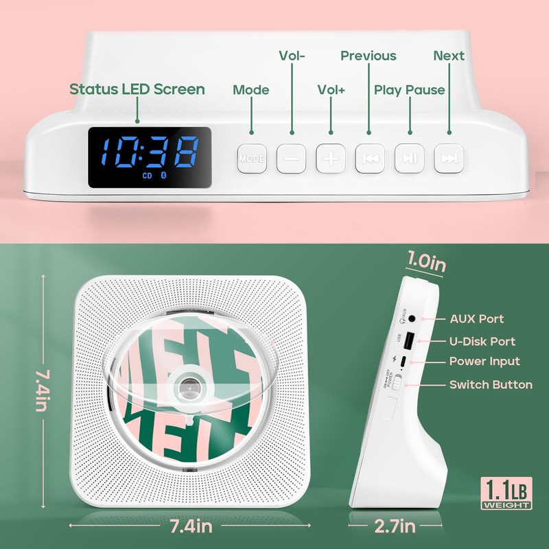 Portable CD Player for Home, ROADOM CD Players with Speakers,