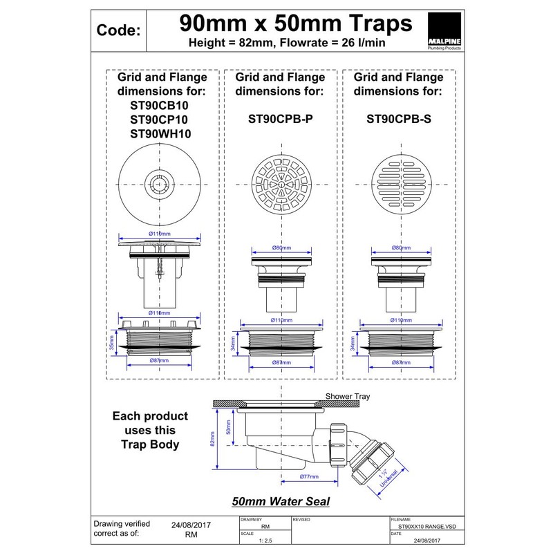 McAlpine ST90CPB-S 90mm x 50mm Water Seal Shower Trap with
