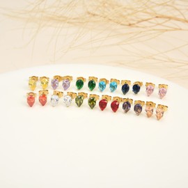 12 Pairs 18K Gold Plated Surgical Stainless Steel Stud Earring, Star Heart teardrop Square Cubic Zirconia Birthstone Stud Earrings Set (Gold teardrop 3mm)