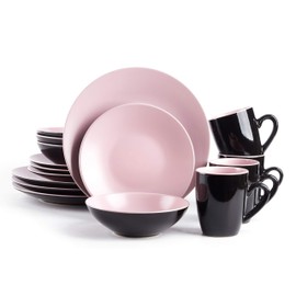 HomeVss Stoneware Two-Tone Colors Life 16pc Dinner Set，Outside Shiny Black + Inside Matte Glaze Rose
