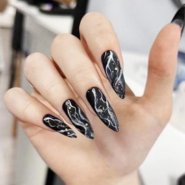 MERVF Long Stiletto Press on Nails Fake Nails Black Almond Acrylic Nails with Marble Design 24pcs Glitter Glossy Glue on Nails White False Nails