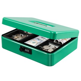 KYODOLED Metal Cash Box with Combination Lock Money Box for Cash Safe Metal Box with Money Tray for Security Lock Box 11.81"x 9.45"x 3.54" Green X Large